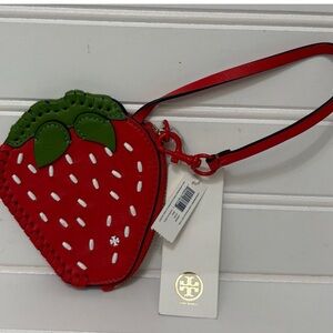 TORY BURCH Strawberry Red Coin Pouch Key FOB Wristlet Wallet New With Tags